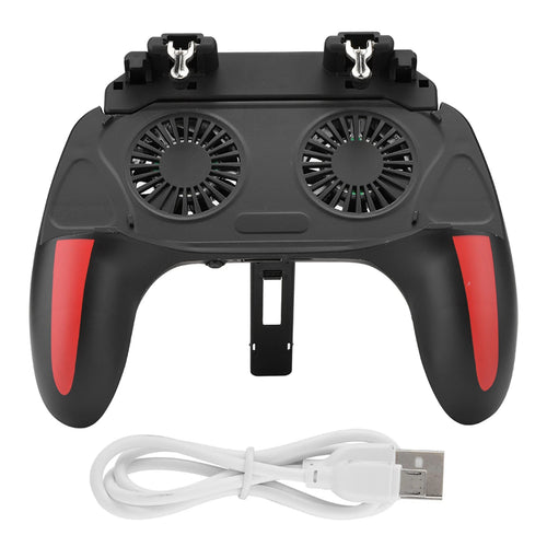 Black and red gaming controller with fans and a USB cable on a white background