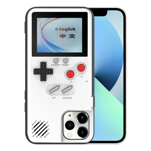 Phone case designed like a classic Game Boy with a smartphone in the background