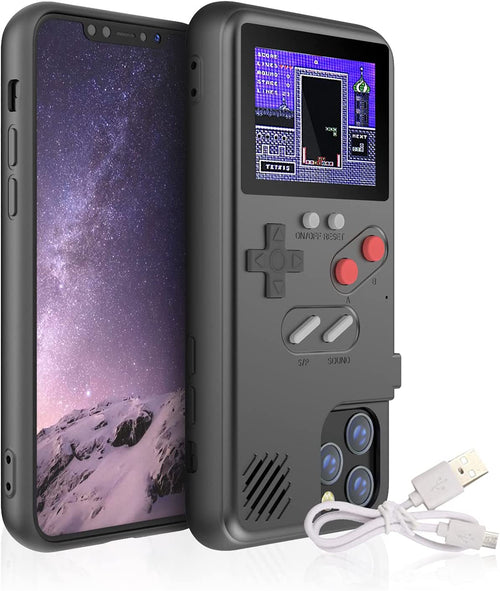 Phone case designed like a retro game console with screen and buttons, attached to a phone.